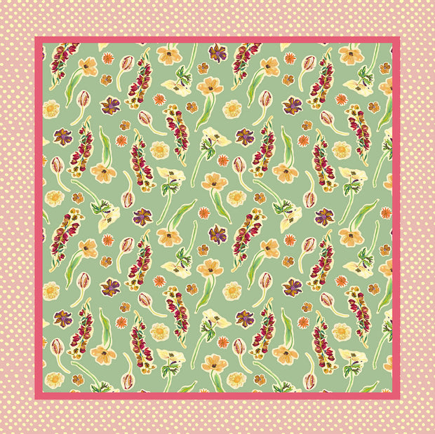 Spriggy Flowers Green 100% Silk Crepe de Chine 68cm Square