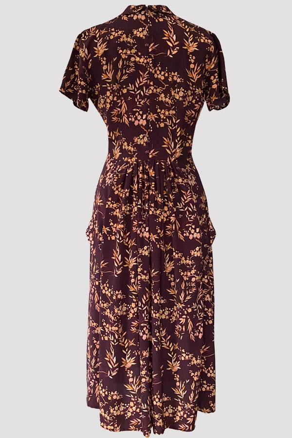 Pandi Gold Leaf Burgundy Silk Crêpe de Chine Midi Dress