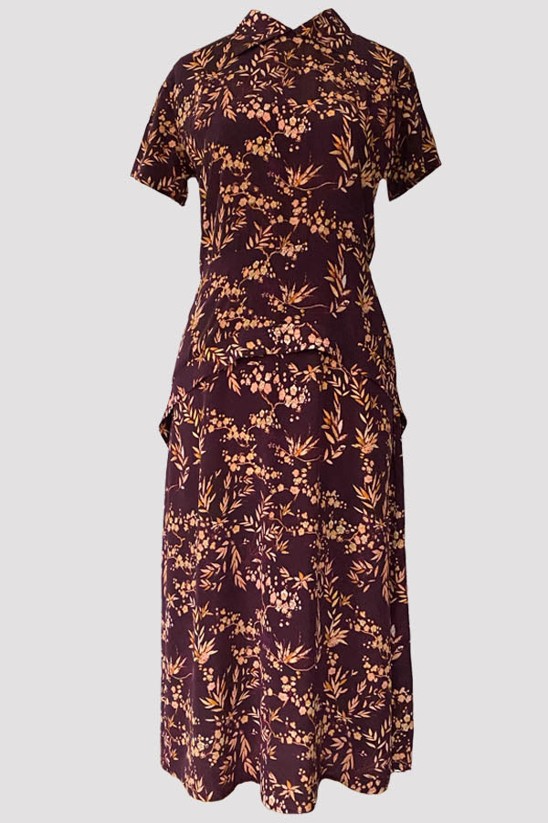 Pandi Gold Leaf Burgundy Silk Crêpe de Chine Midi Dress