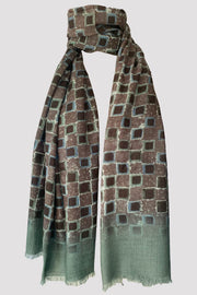 Checkers Grey Green Wool Silk Scarf