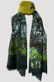 Wild Twigs Blue Green Wool Silk Scarf