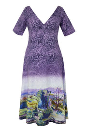 Pazuki | SS20 | Dora Landscape Border Mauve Stretch Cotton A-Line Dress