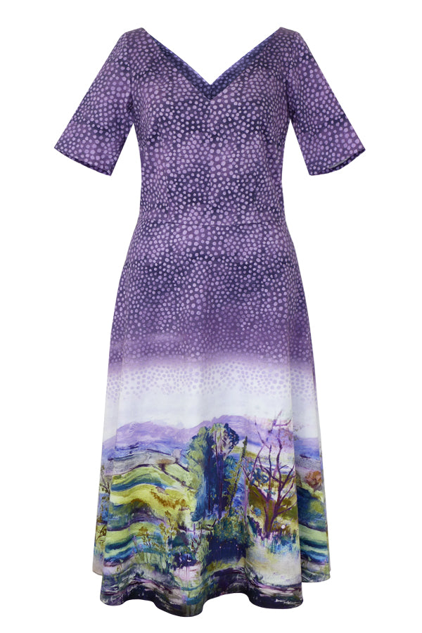 Pazuki | SS20 | Dora Landscape Border Mauve Stretch Cotton A-Line Dress